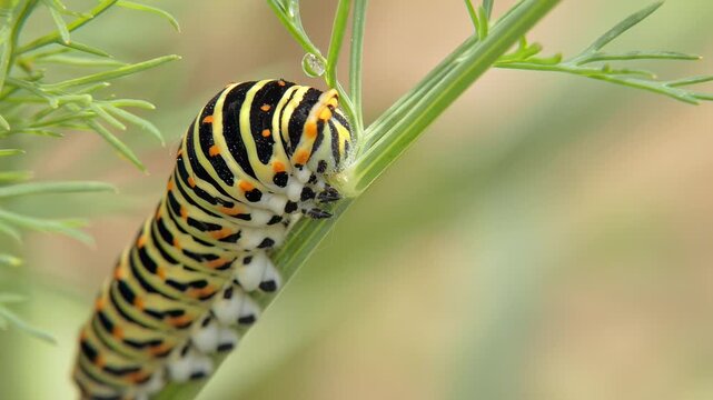 Old World swallowtail caterpillar Papilio machaon stationary on dill stem under water drops. Striped larva in rainy garden. Soft light, Medium shot. Resilience and Purity.