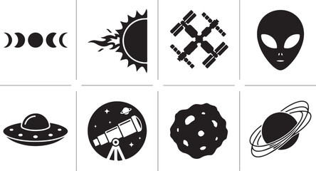 Space icons, astronomy symbols, black vector set, 8 elements, celestial bodies © Nayeem