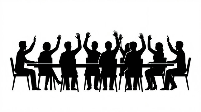 Business team silhouette raising hands in meeting for voting or consensus