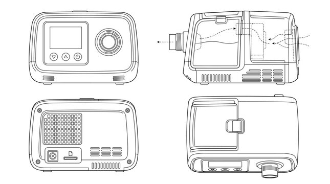 CPAP machine respiratory device technical drawing blueprint front side top and internal cross sectional views line art vector