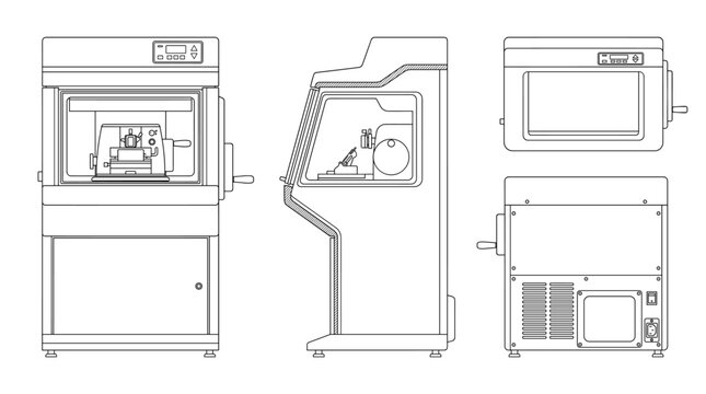 Cryostat laboratory device technical drawing blueprint front side top and internal cross sectional views line art vector