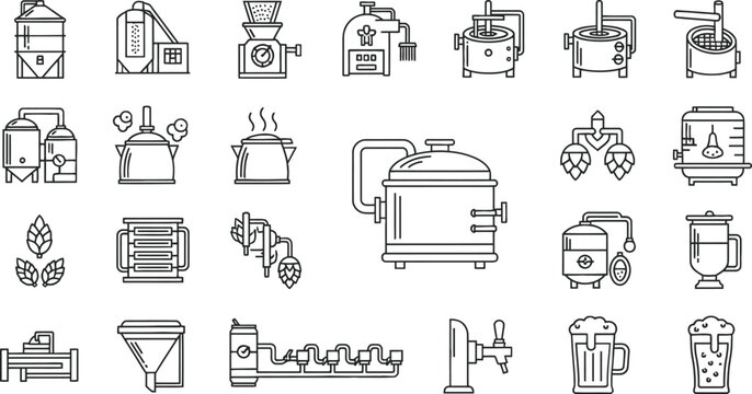 Brewery equipment icons, detailed line art on a grid background for crafting process.