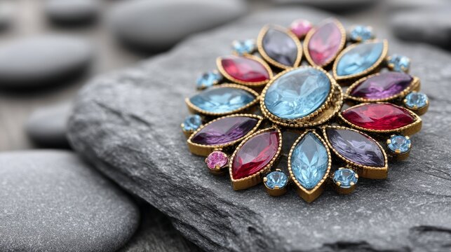 Colorful Gemstone Brooch Arranged on Smooth Slate Platform