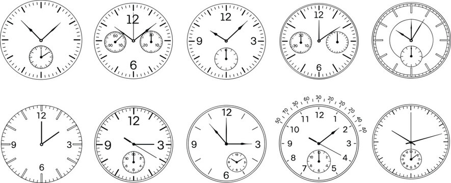Minimalist Black and White Analog Clock Face Collection Set with Various Dial Designs Outline Illustration