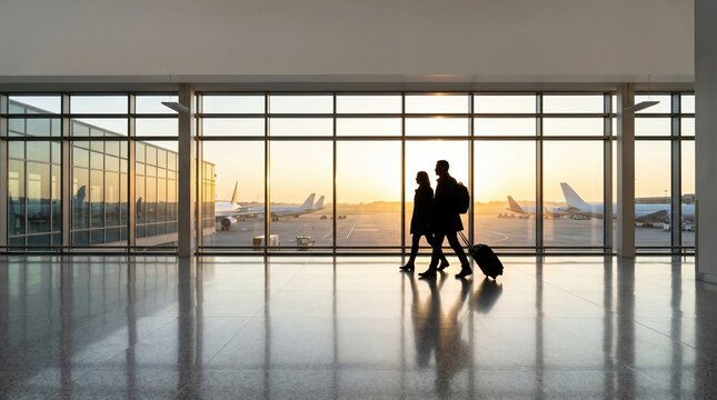 Travelers walking with luggage in airport terminal at sunrise