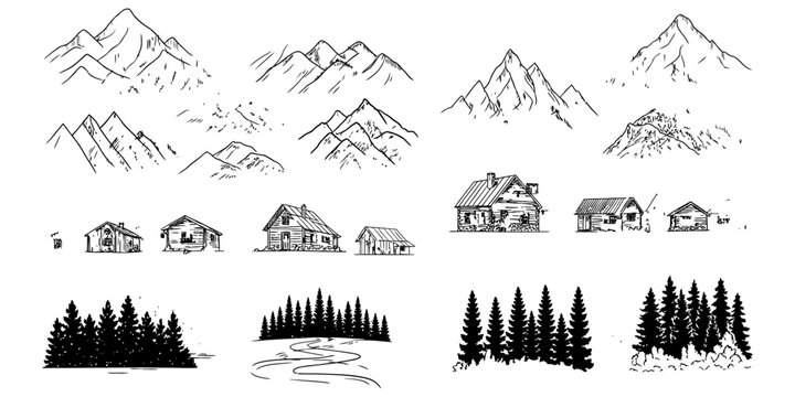 Hand drawn mountain range sketches with rural houses and pine tree forest silhouettes set for nature landscape design elements collection on a simple sketch style