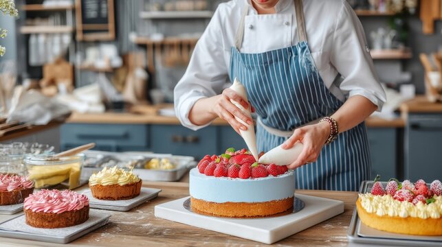 Baker in Uniform Decorating Cake with Strawberries in Pastry Kitchen
