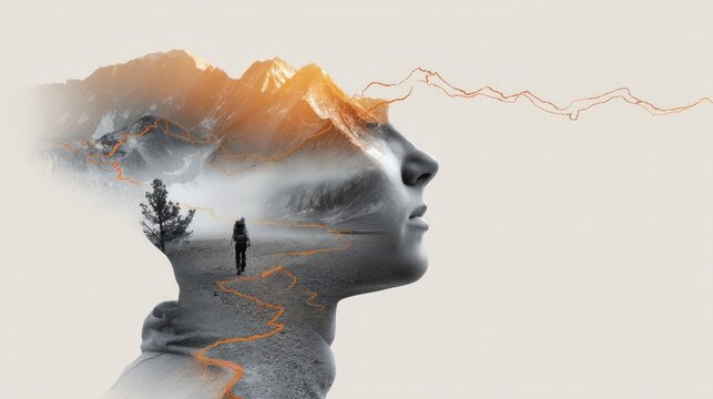 Thoughtful Hiker Over Mountain Ridge with Abstract Contour Design