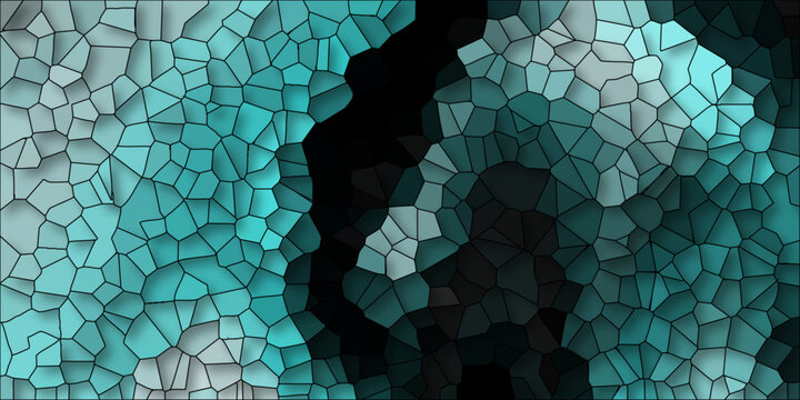 Vibrant cyan and teal mosaic pattern with irregular polygonal shapes and dark accents creating a cool abstract textured background