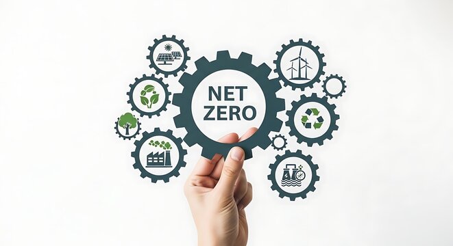 Hand holding a gear mechanism representing net zero carbon goals