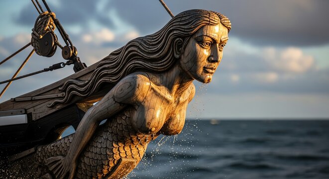 Close up of an ornate wooden mermaid figurehead mounted on a historic ship bow sailing through the ocean at sunset