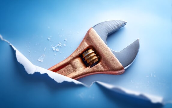 Metallic Wrench Forcing Through Torn Layer of Coral Paper on Blue Background