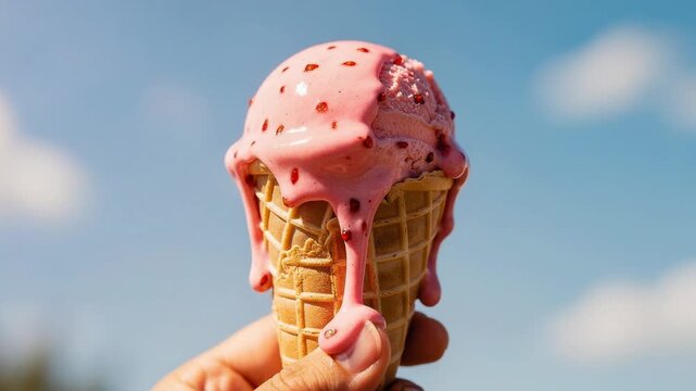 Hand holding a melting strawberry ice cream cone against a bright blue sky on a sunny day