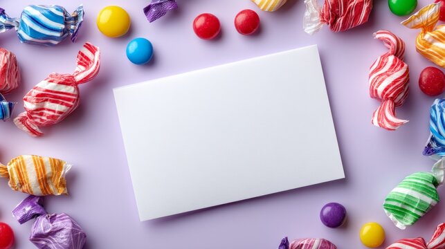 White Card Surrounded by Colorful Candies on a Soft Purple Background