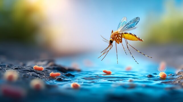 Mosquito Hovering Above Stagnant Water Channel Surrounded by Microorganisms