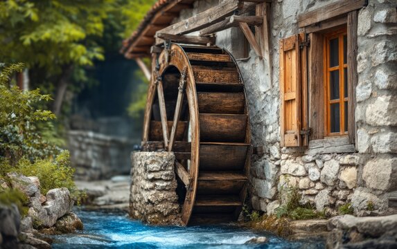 Tranquil Water Wheel Beside a Small Stream in a Rustic Country Setting