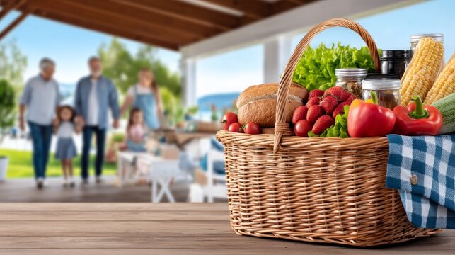 Fresh Outdoor Supplies in a Basket with Family in the Background at a Garden