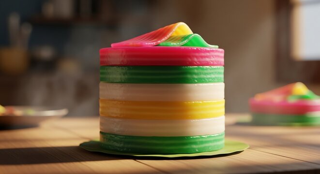 Close up of traditional colorful layered steamed rice cake kue lapis on a wooden table in a sunlit home kitchen setting