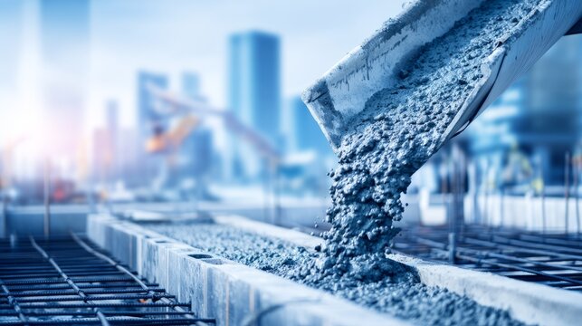 Concrete Pouring Operation with Chute Extended Over Construction Foundation