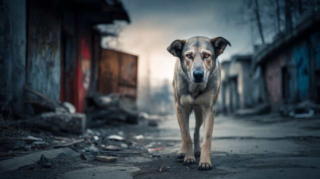 A Stray Dog Wanders Through a Neglected Street Surrounded by Urban Decay