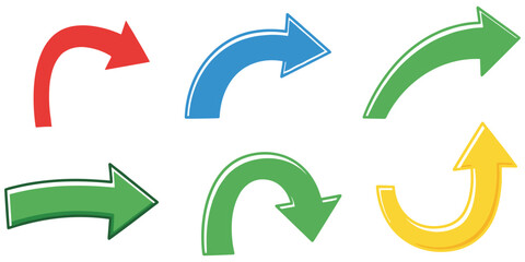 Set of six colorful curved and straight arrows on white background, direction sign symbol © Shamsun