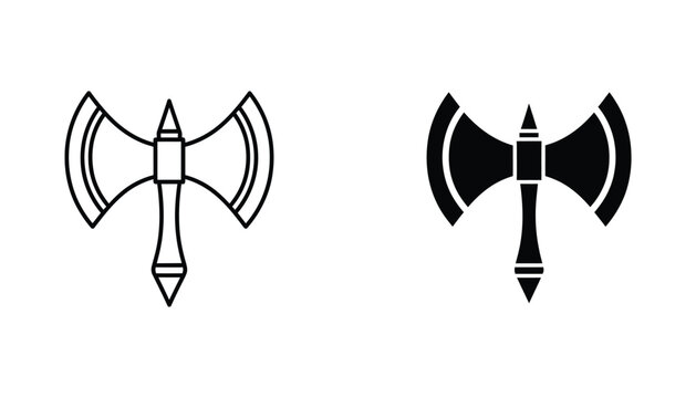 Double headed battle axe icon set in outline and solid black silhouette style for fantasy gaming or historical weapon themed graphic design assets