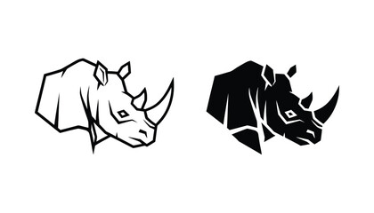 Geometric rhinoceros head mascot logo set featuring stylized wild animal portraits in linear and bold solid black shapes for sports team branding or wildlife conservation graphic designs © Fluid