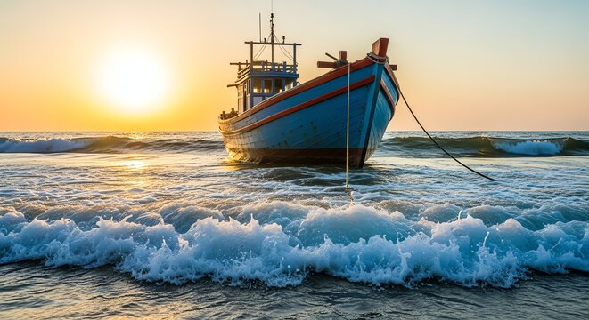 Traditional wooden fishing boat anchored on calm ocean waves during a vibrant golden sunset in Vietnam, cinematic style, peaceful atmosphere