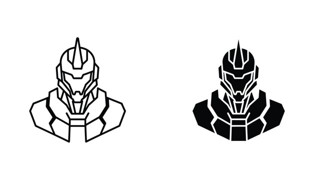 Futuristic robot head mascot icon set featuring sci-fi android warrior in linear and solid black styles for gaming avatar or technology branding graphic design isolated on white