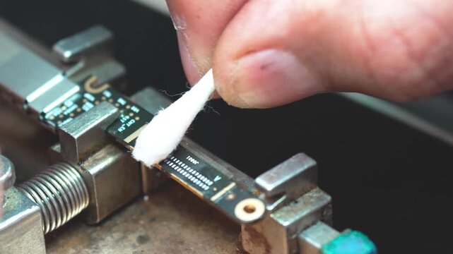 Technician cleaning circuit board connector close-up in electronics repair workshop