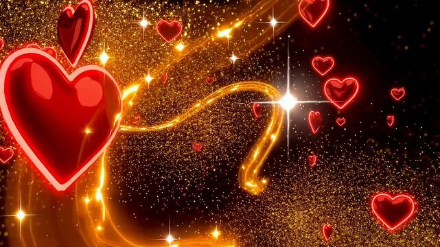 Glowing red hearts floating through sparkling golden dust storm with magical romantic atmosphere