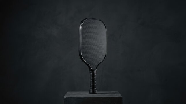 Black pickleball paddle standing upright on dark pedestal
