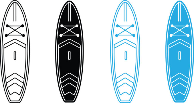Four variations of a paddleboard design in different color schemes