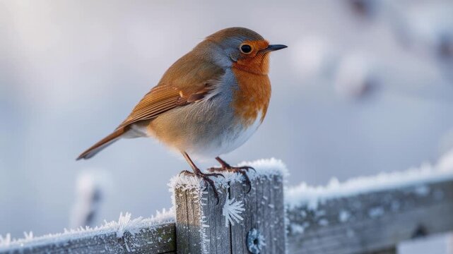 Small robin perched delicately on frost covered wooden fence in winter nature scene