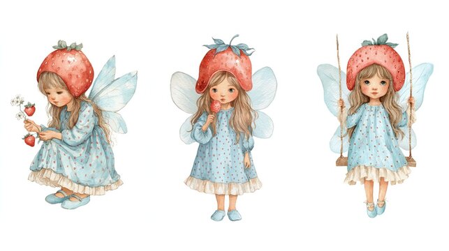 Watercolor cute fairy girls characters set isolated on white background