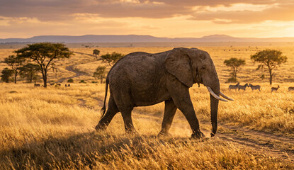 Naklejka premium African elephant walking across vast savannah during golden hour