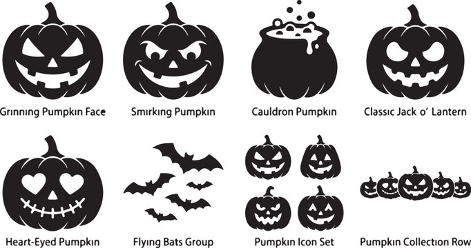 Halloween Pumpkins, Vector Icons, Black Silhouettes, Jack o' Lanterns, Pumpkin Faces