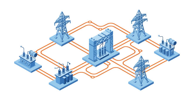 Isometric illustration of a power grid with substations and transmission towers.