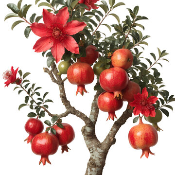   A pomegranate tree with flower white background, A nice pomegranate tree with rip pomegranates and pomegranate flowers