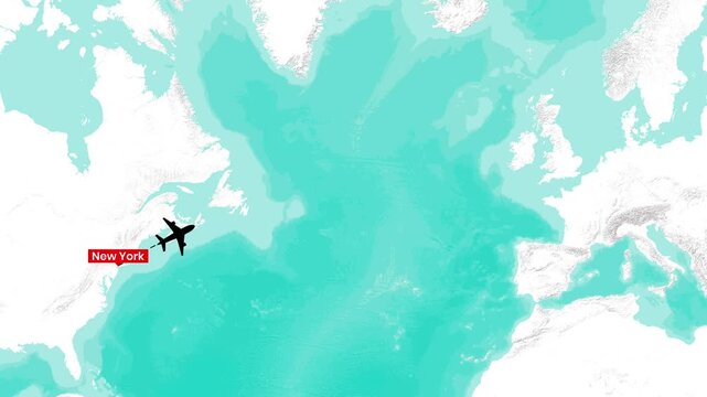 Transatlantic airplane flight path from New York to London motion graphic