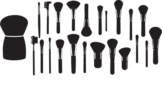 Collection of various makeup brushes and applicators in silhouette with beauty tools powder brush foundation brush