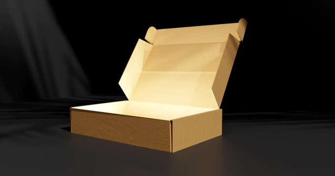 Animation of a corrugated cardboard shipping box opening and shining 