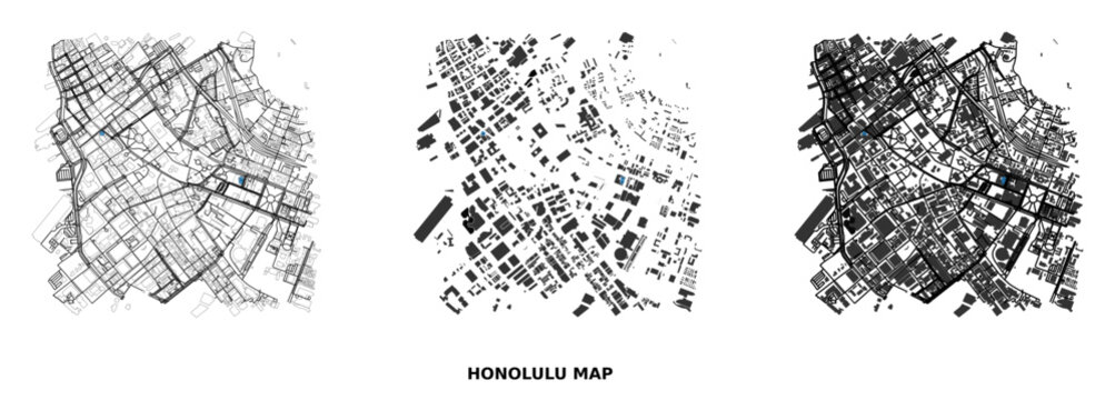 Honolulu city map layout with street network and building footprints