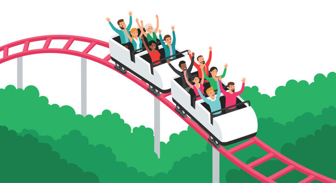 A full train of thrilled people moves along a curved red roller coaster track above a dense green forest canopy shown in an isometric perspective design style.