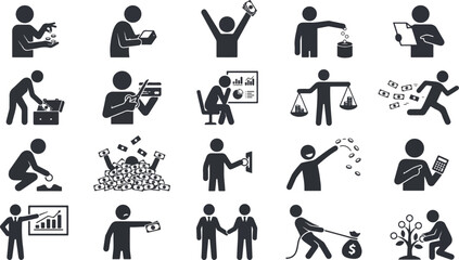 Obraz premium Personal Finance Behavior Character Set Showing Saving Spending Debt and Investment Actions in Clean Minimal Vector Style Illustration