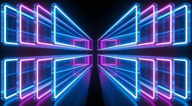 Premium enterprise technology bridge background with transparent rectangular frames, blue luminous edges and magenta reflections across a dark gap, ideal for hero banners and platform integration