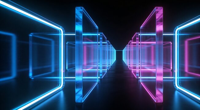 Abstract data integration background with opposing transparent frame structures, luminous blue inner edges and restrained magenta reflections for cloud connectivity, workflow orchestration and SaaS br