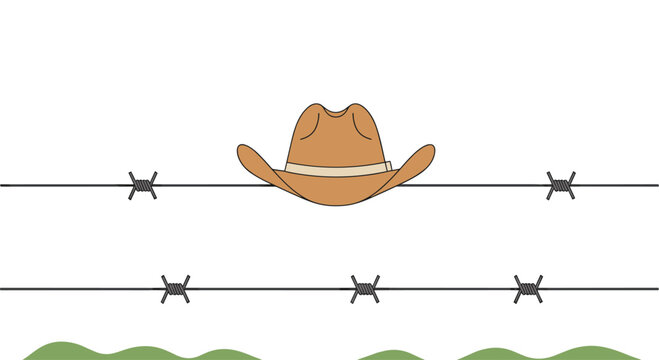 Brown cowboy hat on barbed wire fence with green hills in the background, evoking a rustic Western scene.