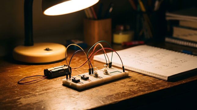 Warm Desk with Electronic Circuit Breadboard and Notes