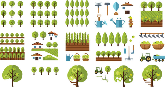Agriculture and Farming Element Collection with Trees, Crops, Tools, Tractor, and Garden Items in Flat Vector Style, Organic Farm Illustration Set